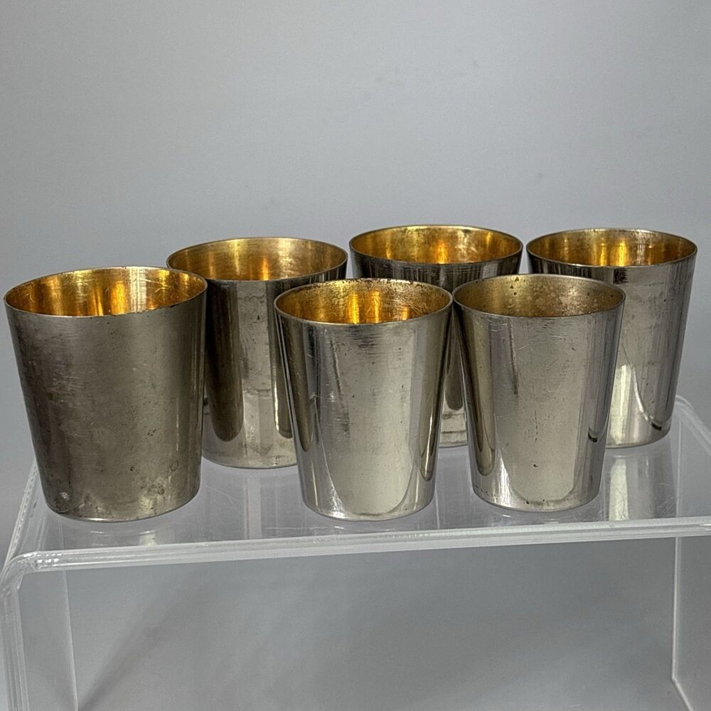 Vintage Set Of 6 Silver Plate Copper Nesting Shot Glasses 2" Germany MCM